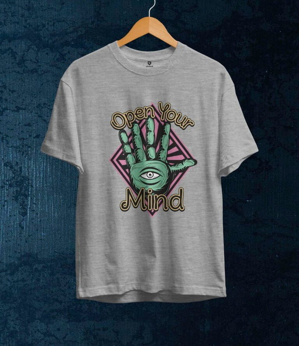 Juxar cotton t shirt for startup with graphic hand and Open Your Mind design in gray