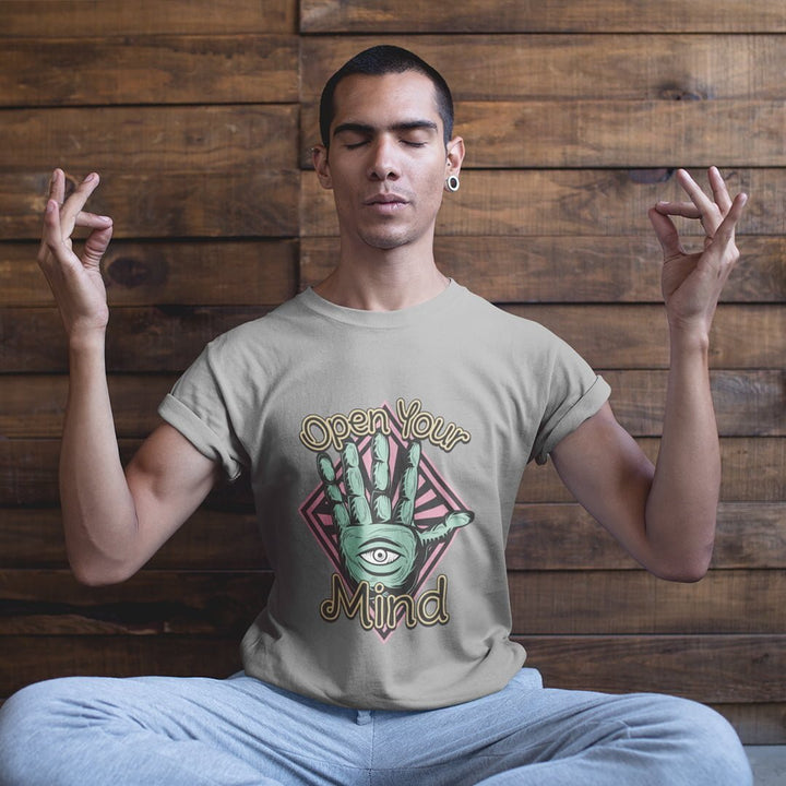 Juxar cotton t shirt for startup with open your mind graphic worn by meditating man