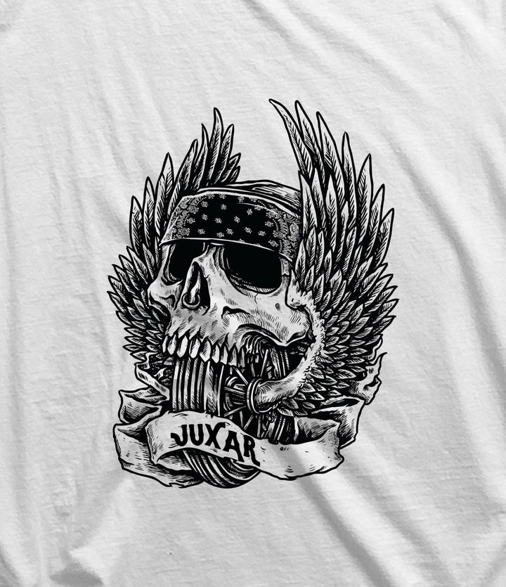 White cotton t shirt for travel with Juxar logo and skull graphic wearing bandana and wings