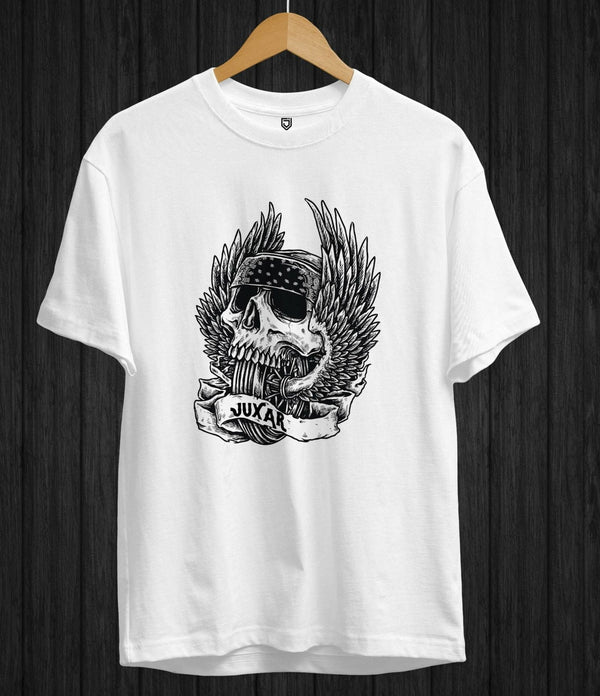 Juxar white cotton t shirt for travel with black skull and wings graphic design