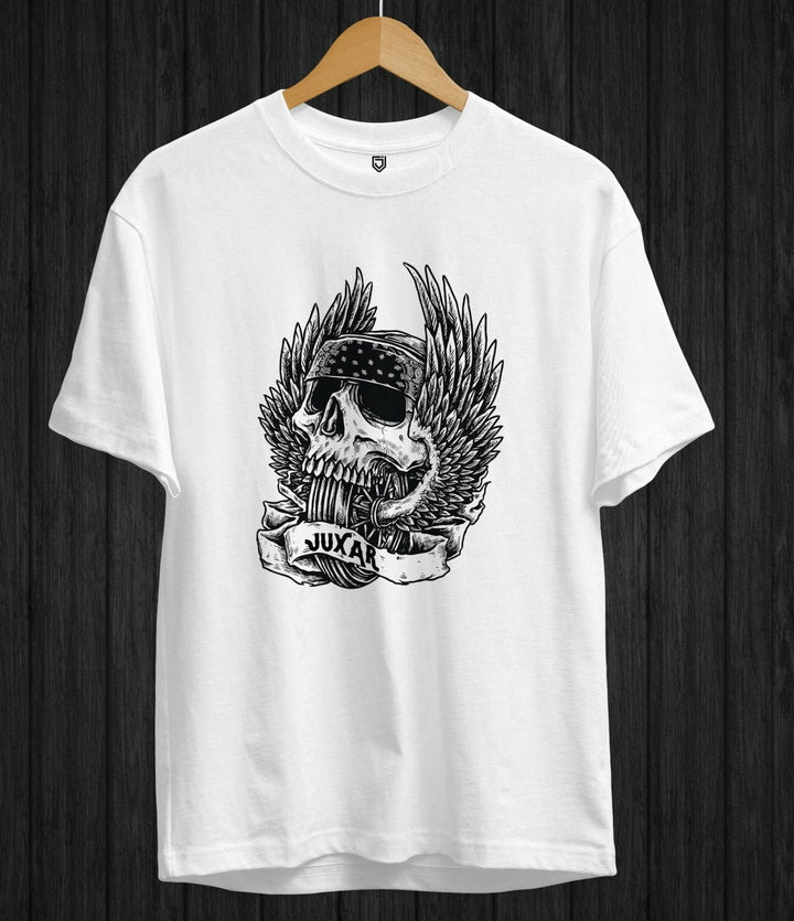 Juxar white cotton t shirt for travel with black skull and wings graphic design