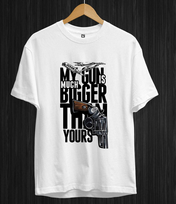 Juxar white cotton t shirt multi color with graphic pistol and bold text design