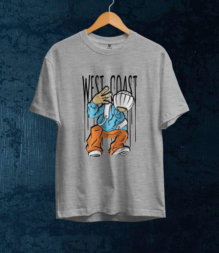 Juxar cotton t shirt sublimation with West Coast graphic and colorful streetwear design on gray fabric