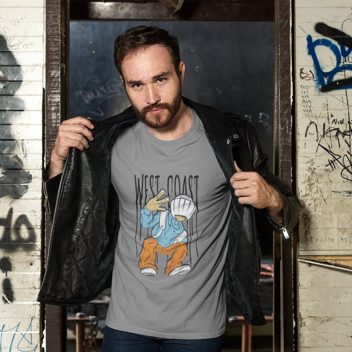 Juxar gray cotton t shirt sublimation with West Coast graphic worn by bearded man with leather jacket