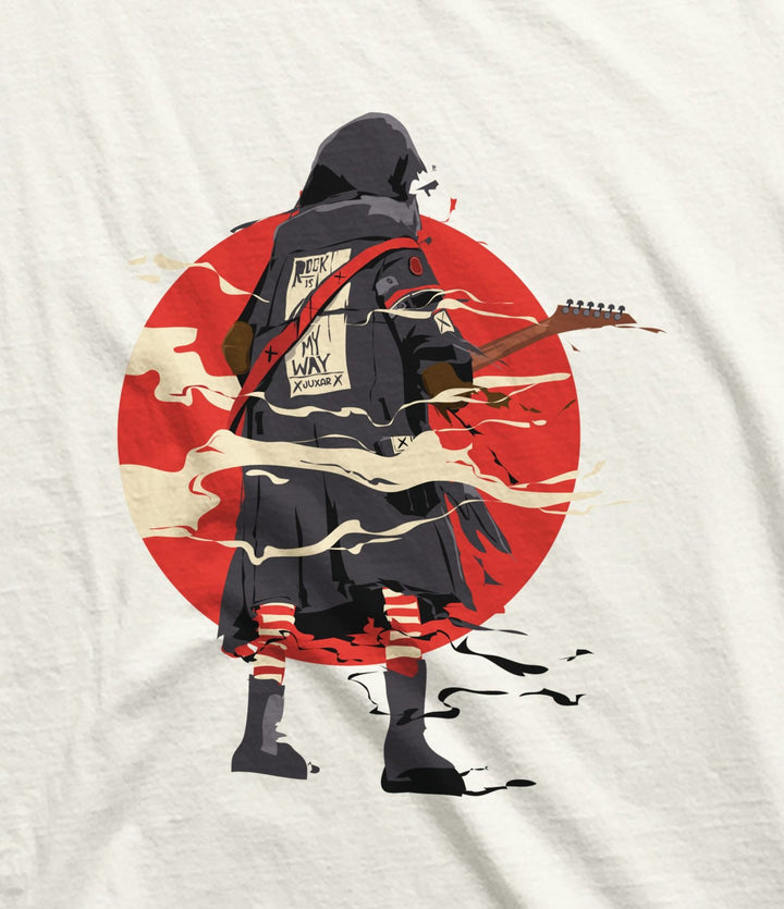 Juxar cotton t shirt with chest print featuring a hooded figure playing guitar against a red circle background