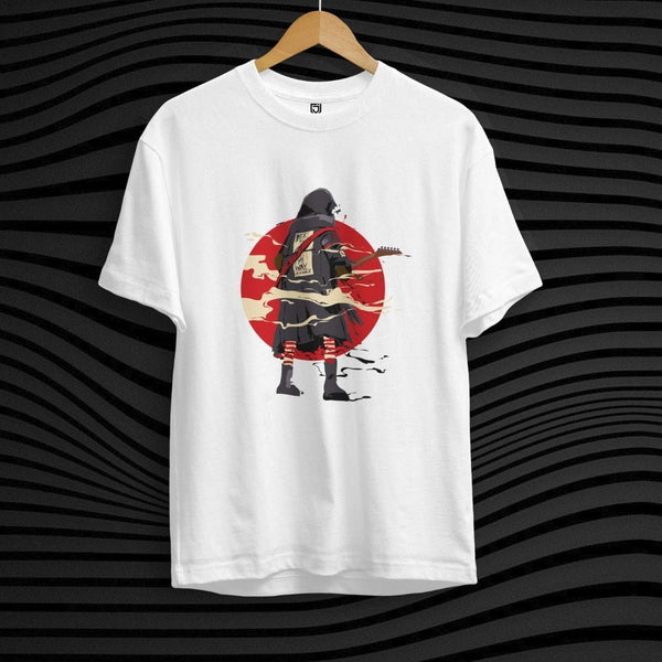 Juxar white cotton t shirt with chest print of a hooded figure holding a guitar in front of a red sun