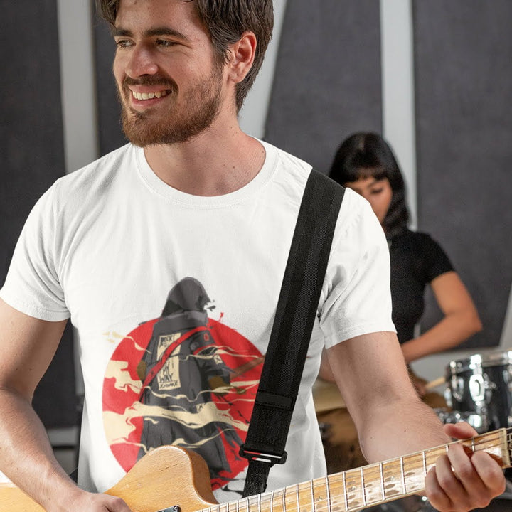 Juxar cotton t shirt with chest print featuring a graphic design worn by man playing guitar