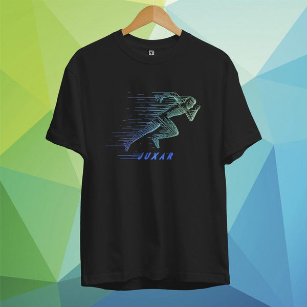 Juxar black cotton t shirt with embroidery of a running figure in blue threads