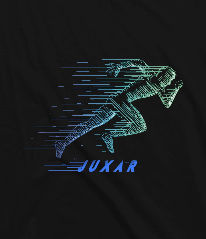 Juxar black cotton t shirt with embroidery featuring a stylized running figure design