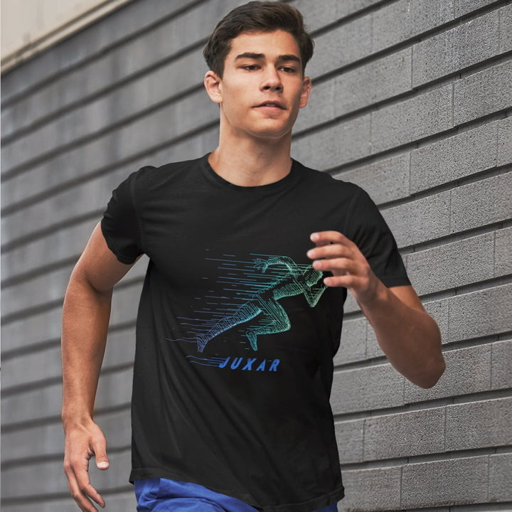 Juxar cotton t shirt with embroidery featuring a running figure design worn by a man