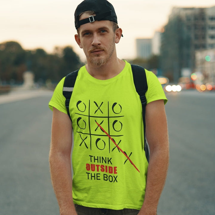 Juxar cotton t shirt with high GSM quality featuring tic tac toe design and think outside the box text