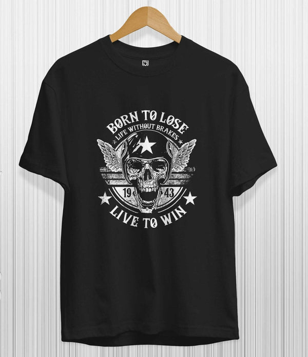 Black cotton t shirt with logo print featuring skull with wings and text born to lose live to win