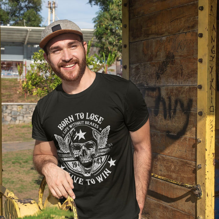 Juxar black cotton t shirt with logo print featuring skull design and motivational text
