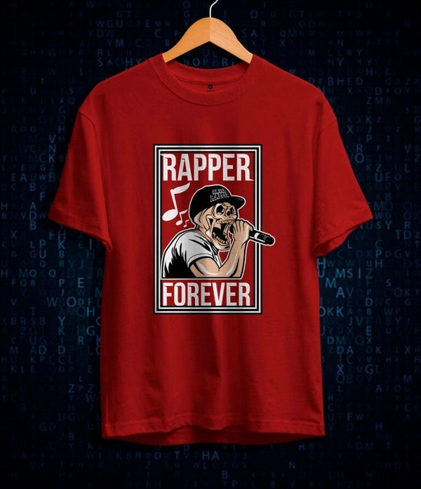 Juxar red cotton t shirt with message rapper forever and skeleton with microphone graphic