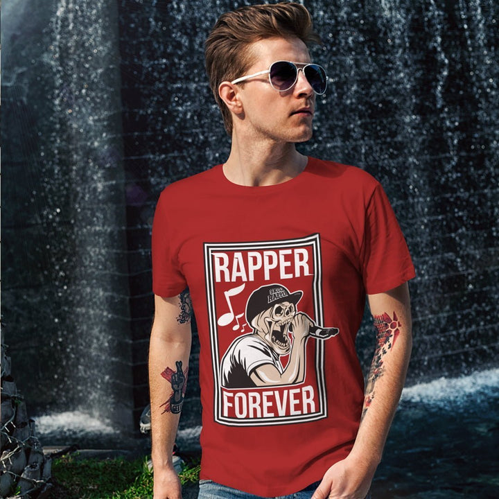 Juxar red cotton t shirt with message featuring rapper forever graphic worn by man with sunglasses
