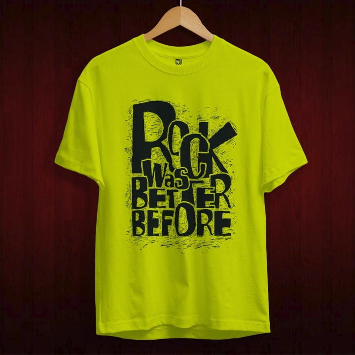 Juxar cotton t shirt with minimal print in bright yellow featuring black rock was better before graphic