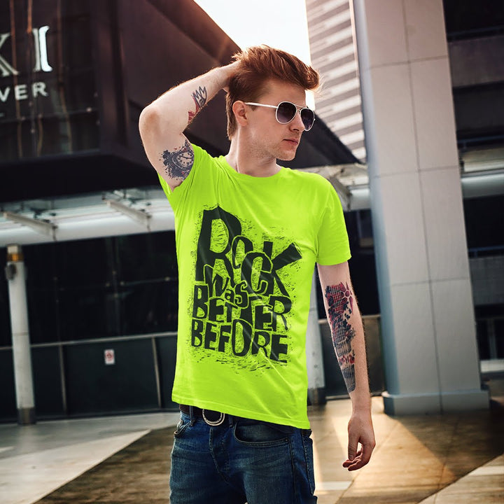 Juxar cotton t shirt with minimal print in bright green featuring bold rock music text design