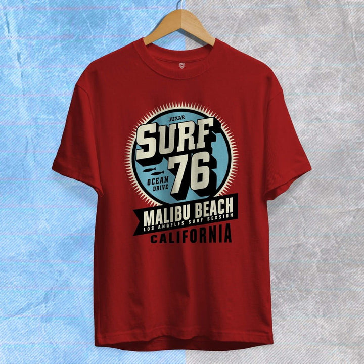 Juxar cotton t shirt with minimal print in red featuring Surf 76 Malibu Beach graphic design