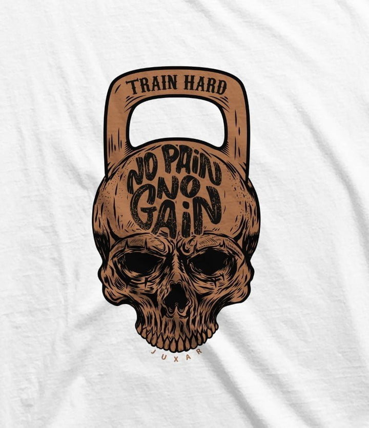 Juxar cotton t shirt with patchwork featuring skull and kettlebell design with train hard no pain no gain text