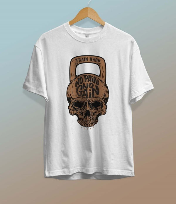 Juxar white cotton t shirt with patchwork featuring a skull and kettlebell graphic with Train Hard text