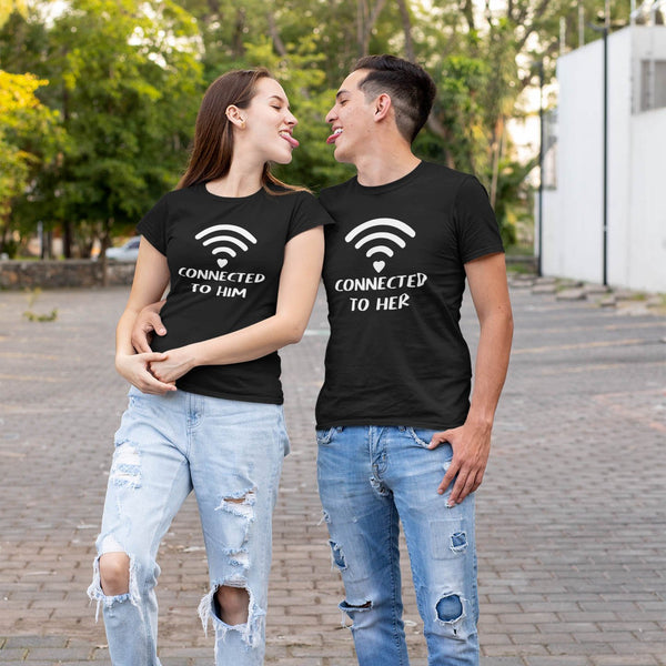 Juxar festival couple t shirt black matching graphic tees with WiFi signal and connected to him and connected to her prints
