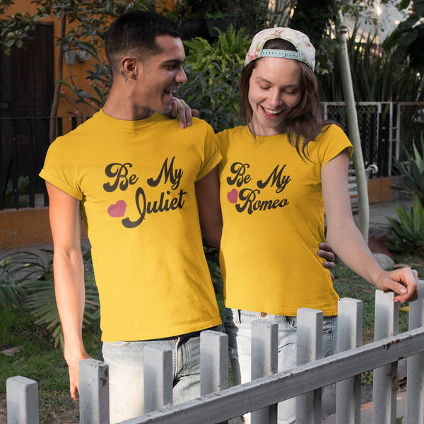 Juxar yellow couple t-shirts for valentines day with Be My Romeo and Be My Juliet matching cotton tees