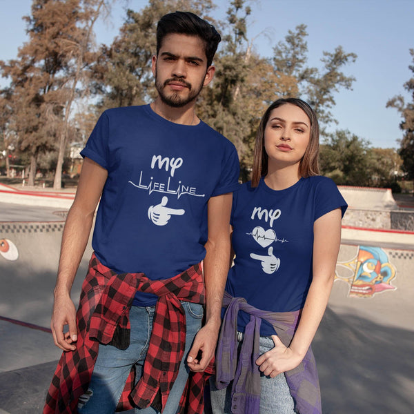Juxar navy my lifeline couple t shirt with heartbeat and pointing hand graphic worn by a couple