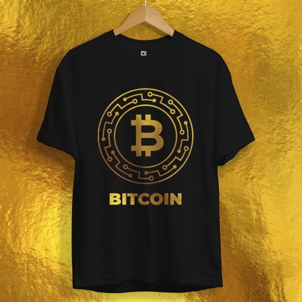 Juxar black washable cotton t shirt featuring a gold Bitcoin logo and text design