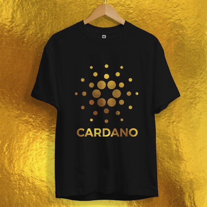 Juxar black washable cotton t shirt with gold Cardano logo on front