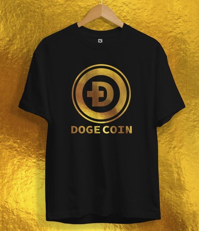 Juxar black washable cotton t shirt featuring a gold Dogecoin logo design on front