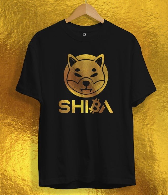 Juxar black washable cotton t shirt with gold Shiba Inu graphic and Bitcoin design on front