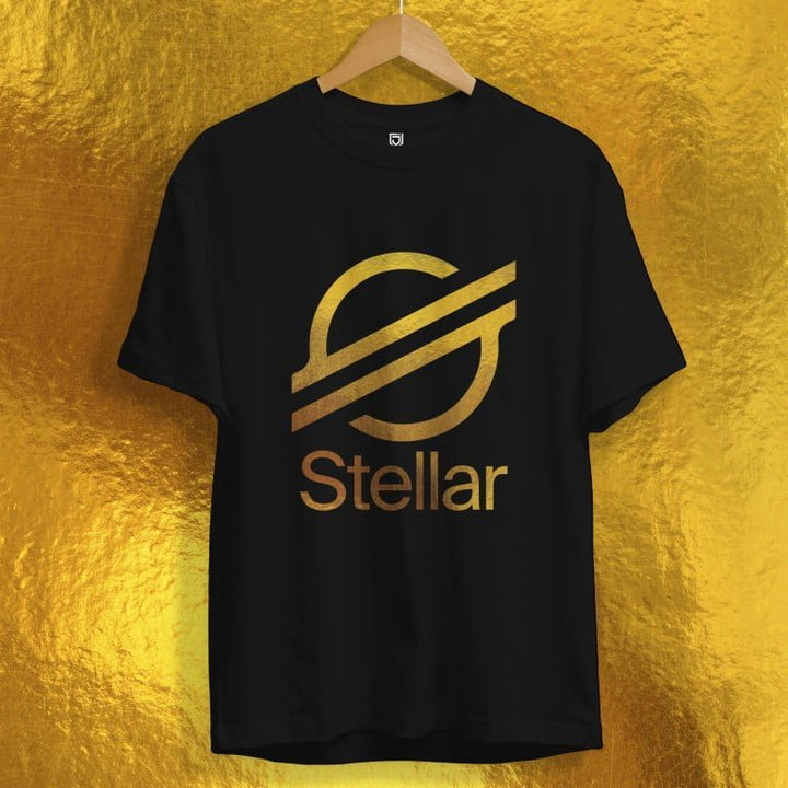 Juxar black washable cotton t shirt with gold Stellar logo print on front