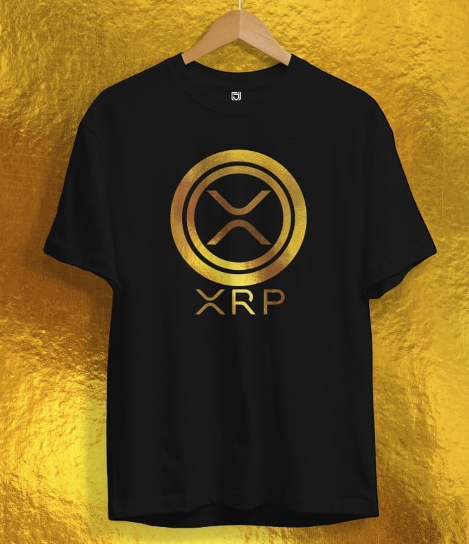 Juxar washable cotton t shirt in black with gold XRP logo on front hanging on wooden hanger