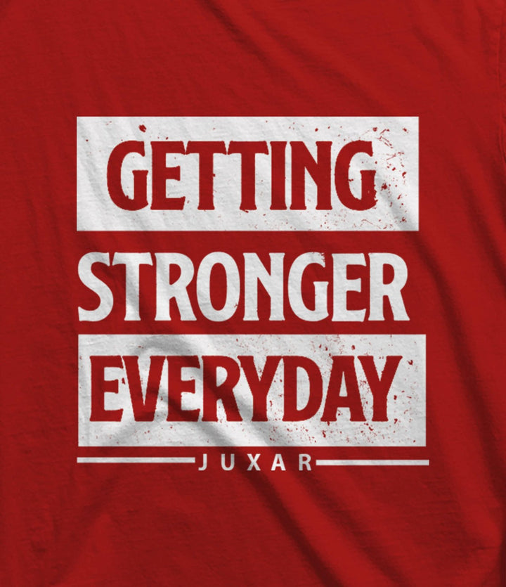 Red Juxar custom print cotton t shirt with Getting Stronger Everyday motivational text