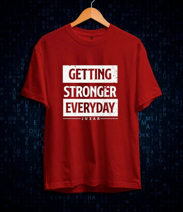 Juxar custom print cotton t shirt in red with Getting Stronger Everyday motivational design