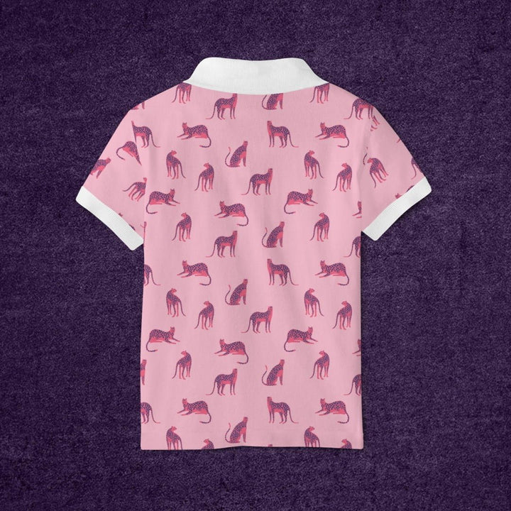 Juxar pink polo shirt back view with white collar and red leopard pattern allover custom printed polo t shirt