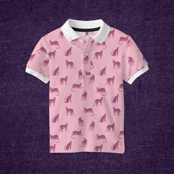 Juxar pink polo with white collar and cuffs and purple cheetah pattern front view custom printed polo t shirt