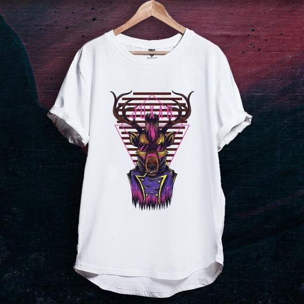 Juxar white cotton longline t shirt with neon purple deer head graphic and rolled sleeves on hanger