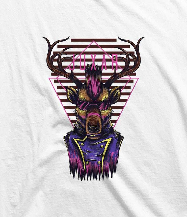 Juxar cotton longline t shirt with neon deer head graphic wearing jacket and geometric triangle design on white