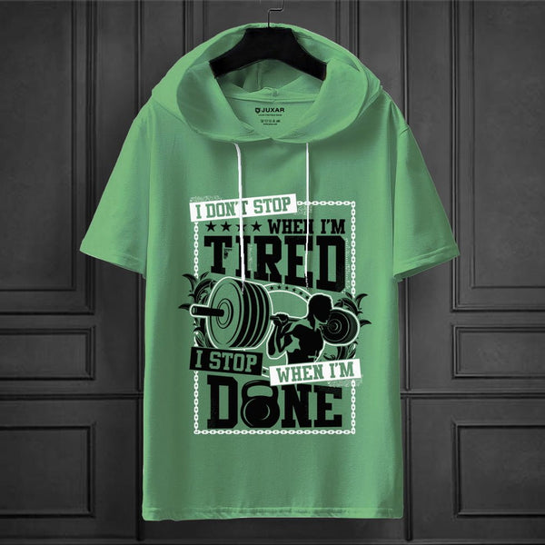 Juxar green oversized hooded t shirt with weightlifting graphic and motivational slogan casual oversized hooded t shirt