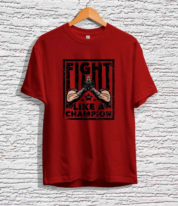 Juxar red double stitched cotton t shirt with Fight Like A Champion graphic design