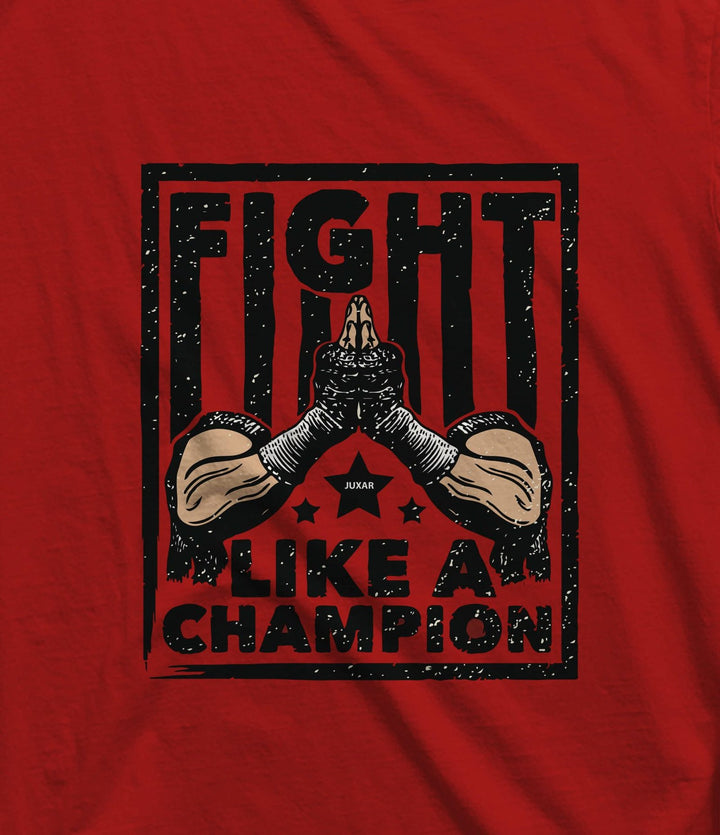 Juxar double stitched cotton t shirt in red with Fight Like a Champion graphic and muscular arms design