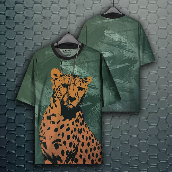Juxar festival oversized printed t shirt green oversized tee with bold orange cheetah print showing front and back
