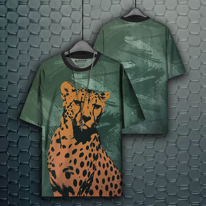 Juxar festival oversized printed t shirt green oversized tee with bold orange cheetah print showing front and back
