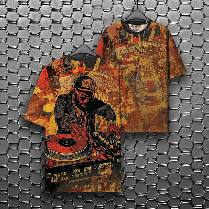 Mens DJ turntable graphic all over design oversized t shirt in orange collage front and back view