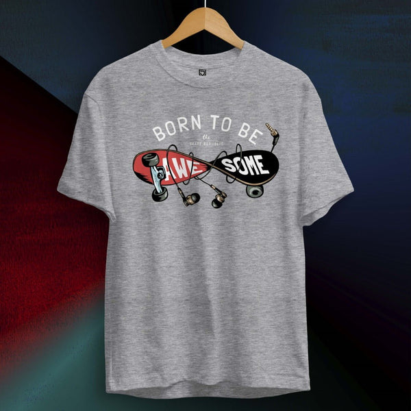 Juxar gray eco-friendly organic cotton t shirt with Born to Be Awesome skateboard graphic