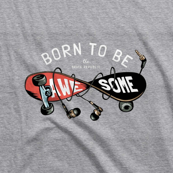 Juxar eco-friendly organic cotton t shirt with Born to Be Awesome skateboard graphic and earphones design