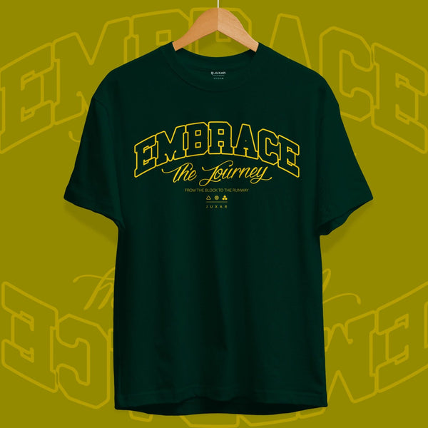 Juxar dark green cotton t shirt for layering with yellow Embrace the Journey graphic print