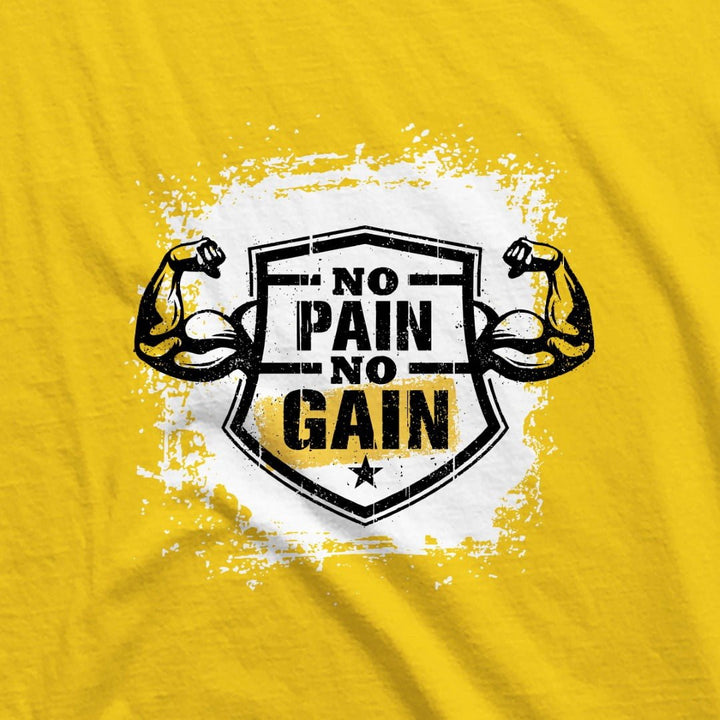 Juxar fitness slogan t-shirt for men with yellow background and no pain no gain graphic