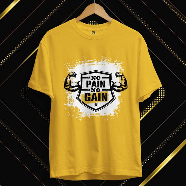 Juxar yellow fitness slogan t-shirt for men with no pain no gain graphic and muscular arms